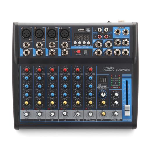 Audio2000s AMX7323 Professional Eight-Channel Audio Mixer with USB Interface, Bluetooth, and DSP MIC Effects