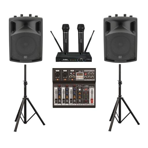 New for 2024 system 2,  300 x 2  watt Audio & Karaoke Mixer & Twin Madboy wireless microphone system  & cables