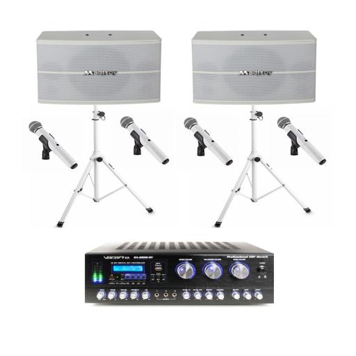 New 2023 Karaoke sound system , White flight case  & Stands + Quad mic set