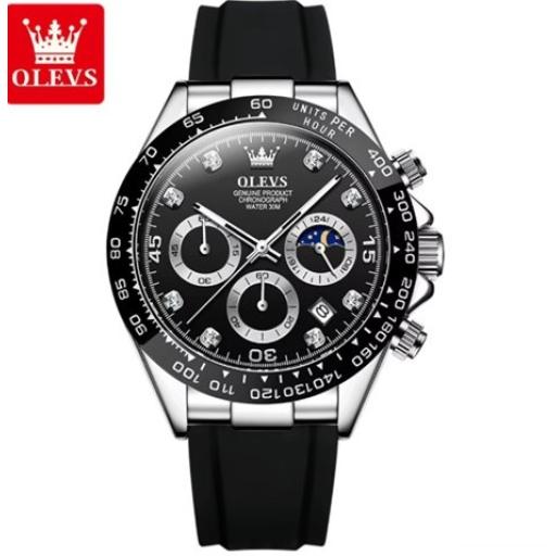 WATCH 5 Black & Silver,  OLEVS 2875 Men's New Luxury Sports Chronograph Watch Round Alloy Case with 20mm Black Silicone Strap Fashion Quartz Watch