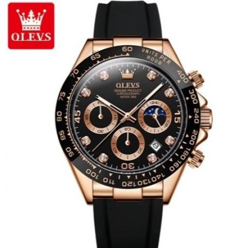 WATCH 7 Black & Gold, OLEVS 2875 Men's New Luxury Sports Chronograph Watch Round Alloy Case with 20mm Black Silicone Strap Fashion Quartz Watch