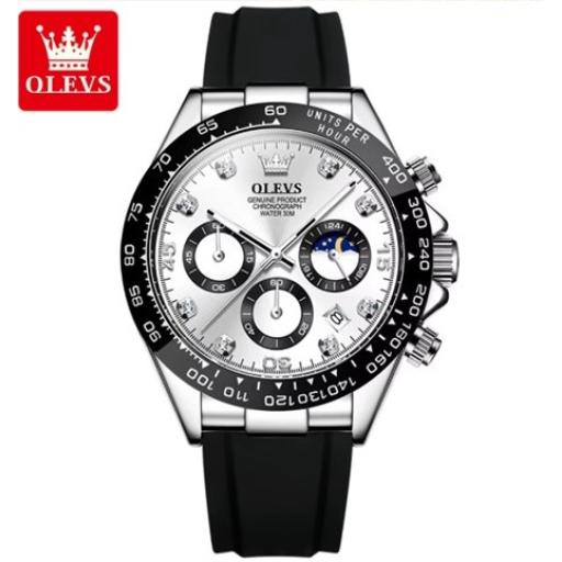 WATCH 8 Silver & Black, OLEVS 2875 Men's New Luxury Sports Chronograph Watch Round Alloy Case with 20mm Black Silicone Strap Fashion Quartz Watch