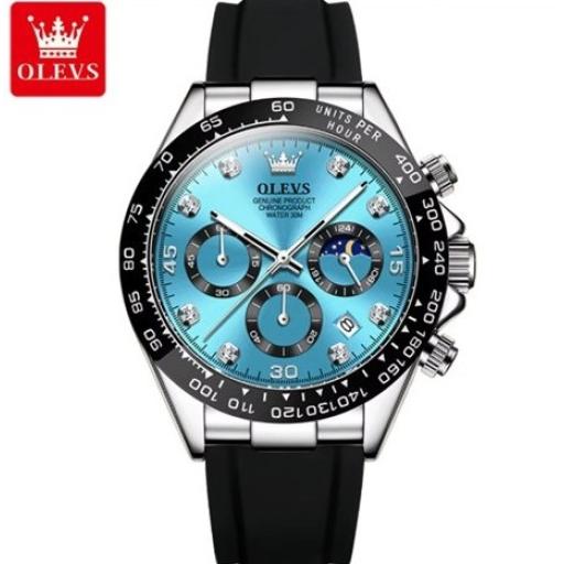 WATCH 9 Blue & Silver, OLEVS 2875 Men's New Luxury Sports Chronograph Watch Round Alloy Case with 20mm Black Silicone Strap Fashion Quartz Watch