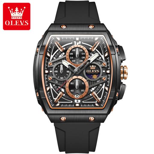 WATCH 14 Black & Gold, OLEVS 2975 Oem Luxury Hollow Skeleton Multifunctional Quartz Moon Phase Luminous Rubber Band Sports Watch for Men