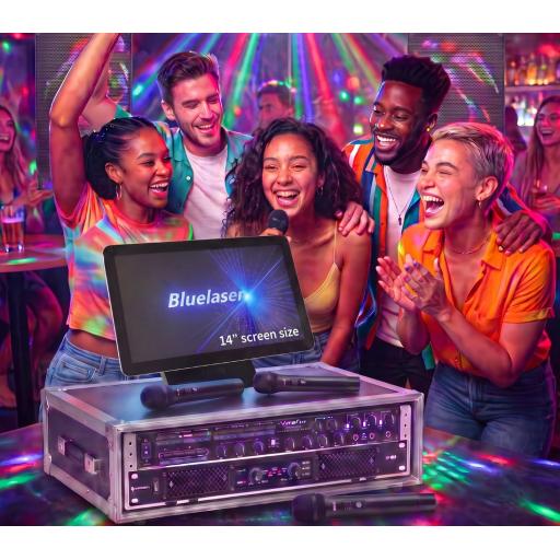 Karaoke Uk system, twin microphone set & 14 inch android touch screen + speakers