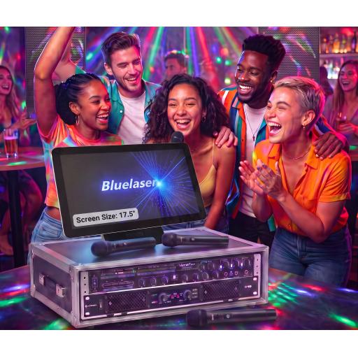 Karaoke Uk system, twin microphone set & 17 inch android touch screen + speakers
