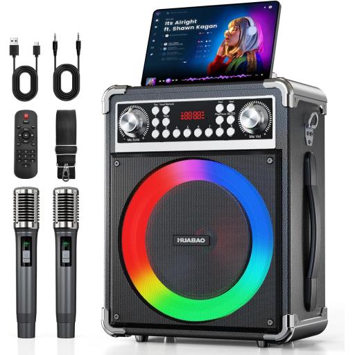 Karaoke Machine with 2 Wireless Microphones, Portable Bluetooth Speaker of Adults & Kids, PA System with Remote & Lights, Bass/Treble Control, Support USB/AUX/TF/FM, Party Speaker for Home