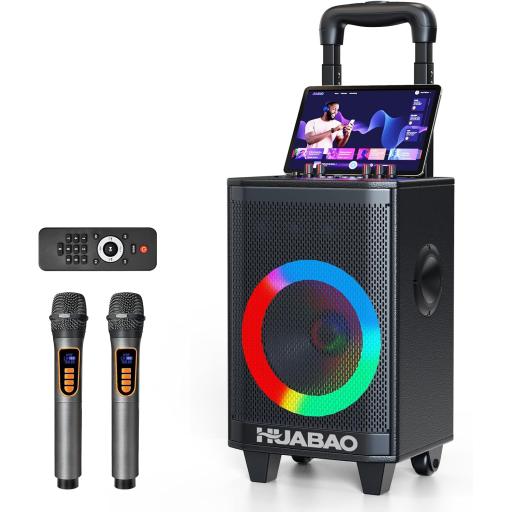 Portable Karaoke Machine with 2 Wireless Microphones, Bluetooth Speaker with Lights and Trolley Wheels, 6600mAh Rechargeable PA System, FM/AUX/USB/TF, Remote, Bass/Treble/Echo Adjust, Ideal for Party